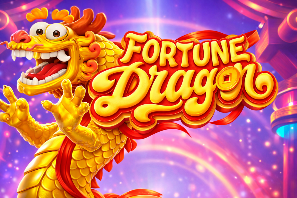 Dragão chinês 3D dourado sorridente, com escamas brilhantes e detalhes vermelhos, ao lado do logotipo ‘Fortune Dragon’ em letras douradas e vermelhas, sobre um fundo colorido em tons de roxo e rosa com efeitos de luz.