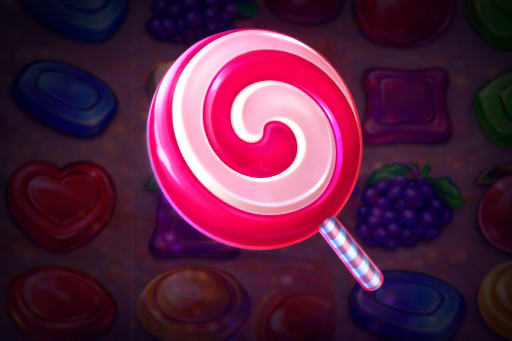 Scatter do Sweet Bonanza em formato de pirulito rosa e branco, símbolo responsável por ativar o bônus de rodadas grátis no slot online.