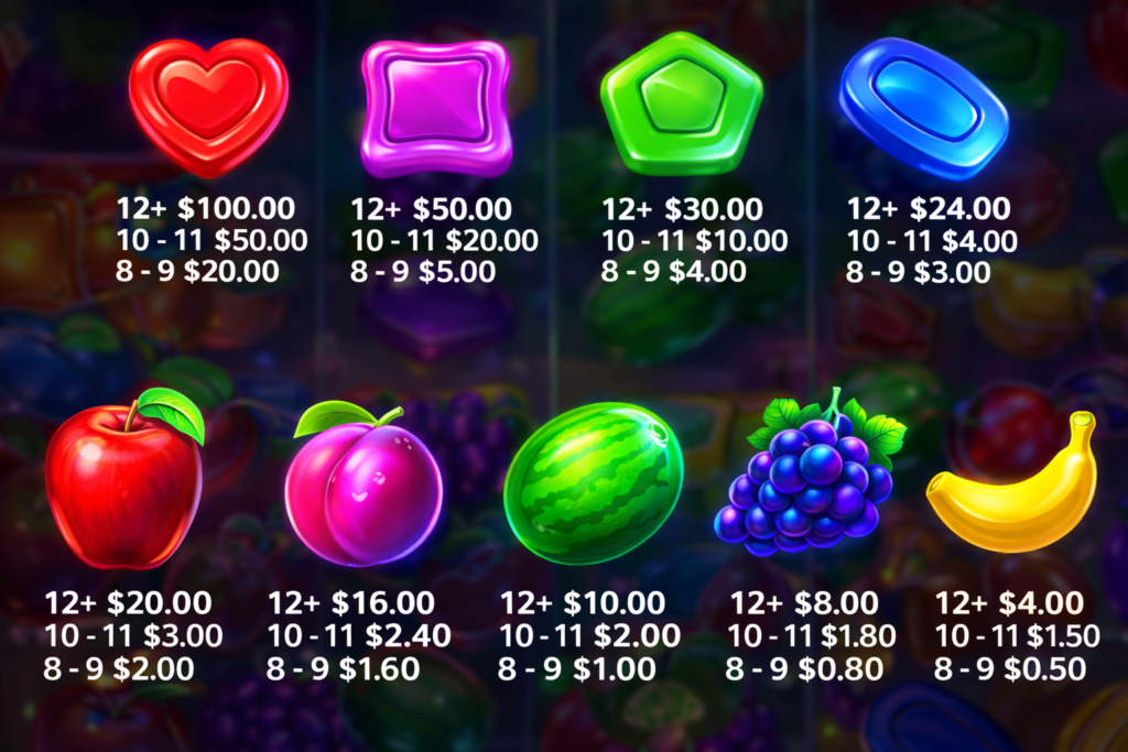 Símbolos de pagamento do slot Sweet Bonanza, mostrando corações, doces e frutas coloridas com seus respectivos valores de prêmio em dólares.