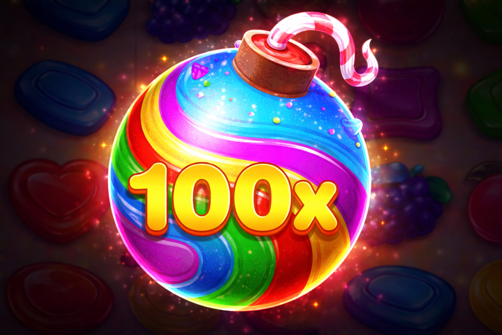Multiplicador bomba colorida do Sweet Bonanza exibindo o valor 100x, símbolo exclusivo das rodadas grátis que soma todos os multiplicadores ao final da cascata para aumentar o ganho total.