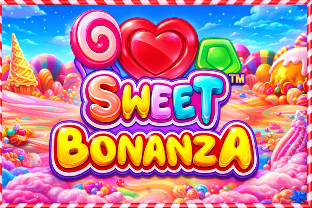 Slot Sweet Bonanza com logotipo colorido em 3D, cenário de doces, corações, pirulitos, montanhas de açúcar e visual vibrante de jogo de cassino online.