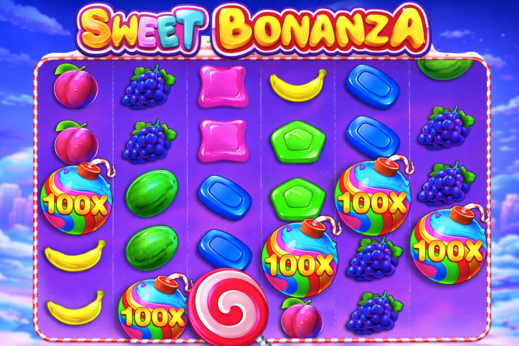 Tela do slot Sweet Bonanza mostrando símbolos de frutas, doces, pirulito Scatter e várias bombas multiplicadoras 100x durante uma rodada de bônus.