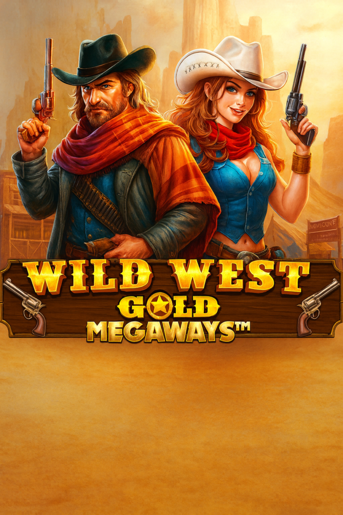 Arte do slot online Wild West Gold Megaways com cowboy e cowgirl armados em cenário do Velho Oeste, destacando o logo dourado do jogo da Pragmatic Play.