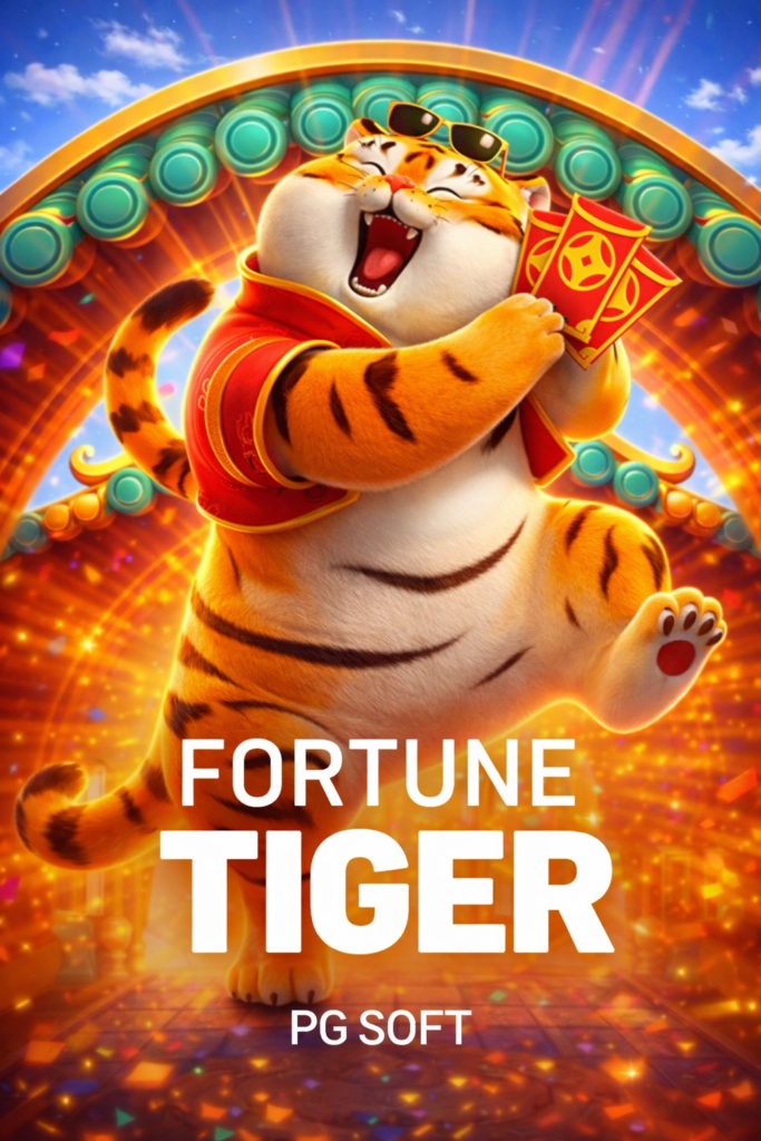 Fortune Tiger da PG Soft mostrando um tigre cartoon sorridente, saltando de alegria e segurando envelopes vermelhos da sorte, com moedas douradas e efeitos luminosos ao redor, em frente a um arco oriental, com cores vibrantes, alto nível de detalhes e atmosfera festiva inspirada na cultura asiática.