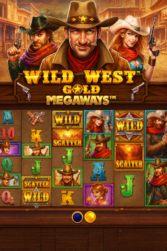 Interface do slot online Wild West Gold Megaways com cowboys do Velho Oeste, símbolos Wild e Scatter nos rolos e identidade visual da Pragmatic Play.
