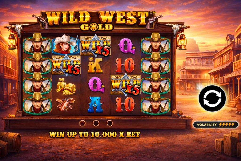 Tela do slot online Wild West Gold com bobinas em moldura de madeira, símbolos de xerife, cowgirl, letras e multiplicadores Wild x5, cenário de cidade do velho oeste ao pôr do sol e destaque para ganho de até 10.000x a aposta.