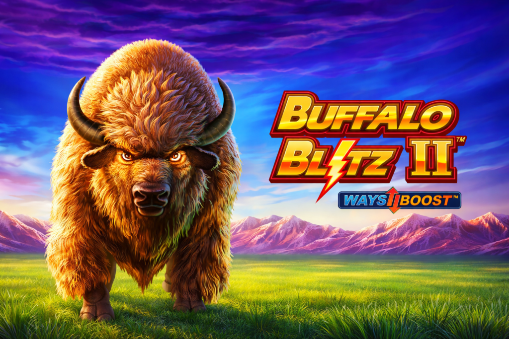 Buffalo Blitz II slot da Playtech com búfalo em destaque, cenário de montanhas, cores vibrantes e recurso Ways Boost no cassino online.
