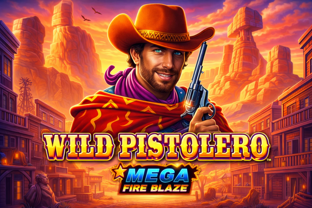 Wild Pistolero Mega Fire Blaze slot, mostrando um pistoleiro do Velho Oeste com revólver em uma cidade western ao pôr do sol, jogo da Playtech com jackpots Fire Blaze e alto potencial de ganhos.