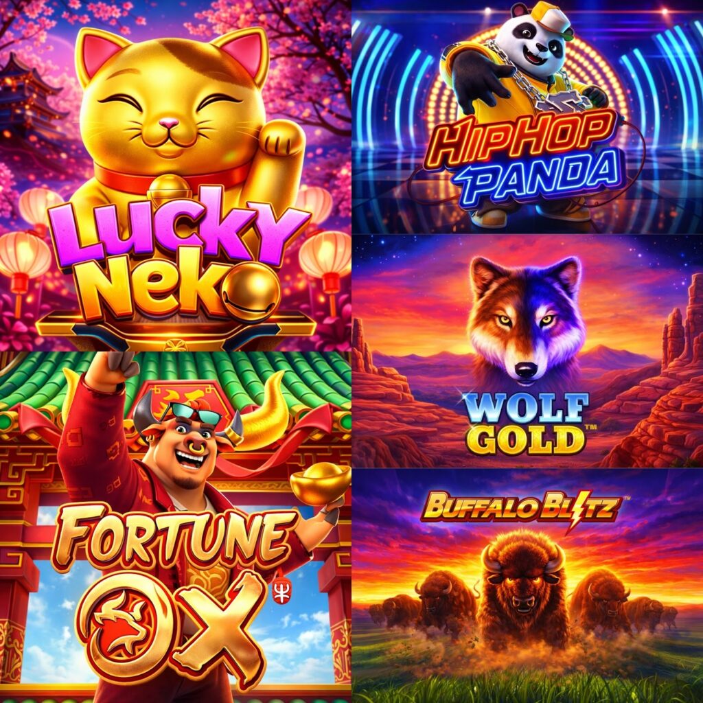 Slots online Lucky Neko, Hip Hop Panda, Fortune Ox, Wolf Gold e Buffalo Blitz, com personagens temáticos e cores vibrantes em alta qualidade.