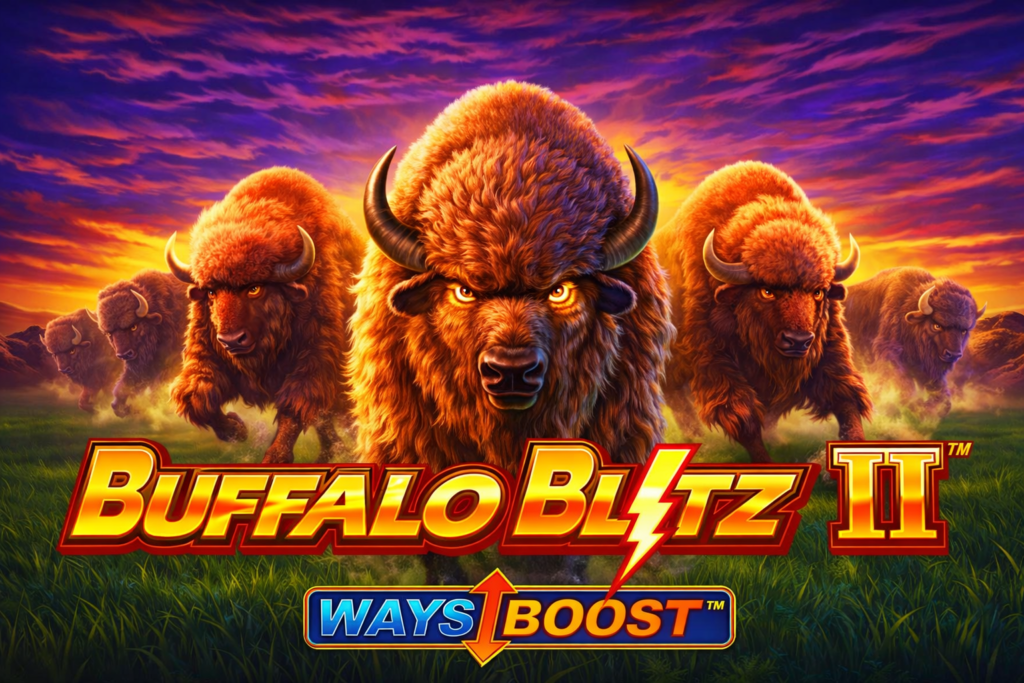 Buffalo Blitz II slot da Playtech com manada de búfalos correndo, cores vibrantes, efeito Ways Boost e cenário de pôr do sol no cassino online.