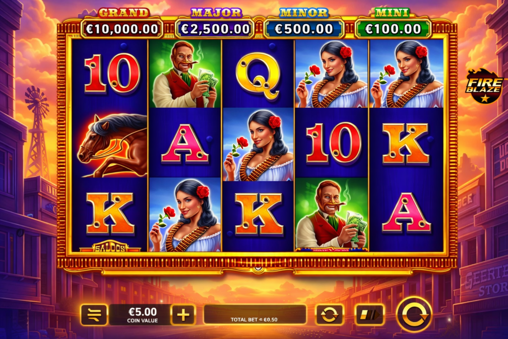 Gameplay do caça-níquel online Wild Pistolero Mega Fire Blaze mostrando os rolos, símbolos temáticos do Velho Oeste e valores dos jackpots Fire Blaze.