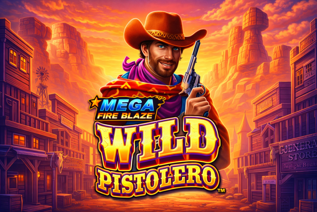Wild Pistolero Mega Fire Blaze, com pistoleiro do Velho Oeste segurando um revólver em uma cidade western ao pôr do sol, jogo da Playtech com jackpots Fire Blaze e visual colorido de alta qualidade.