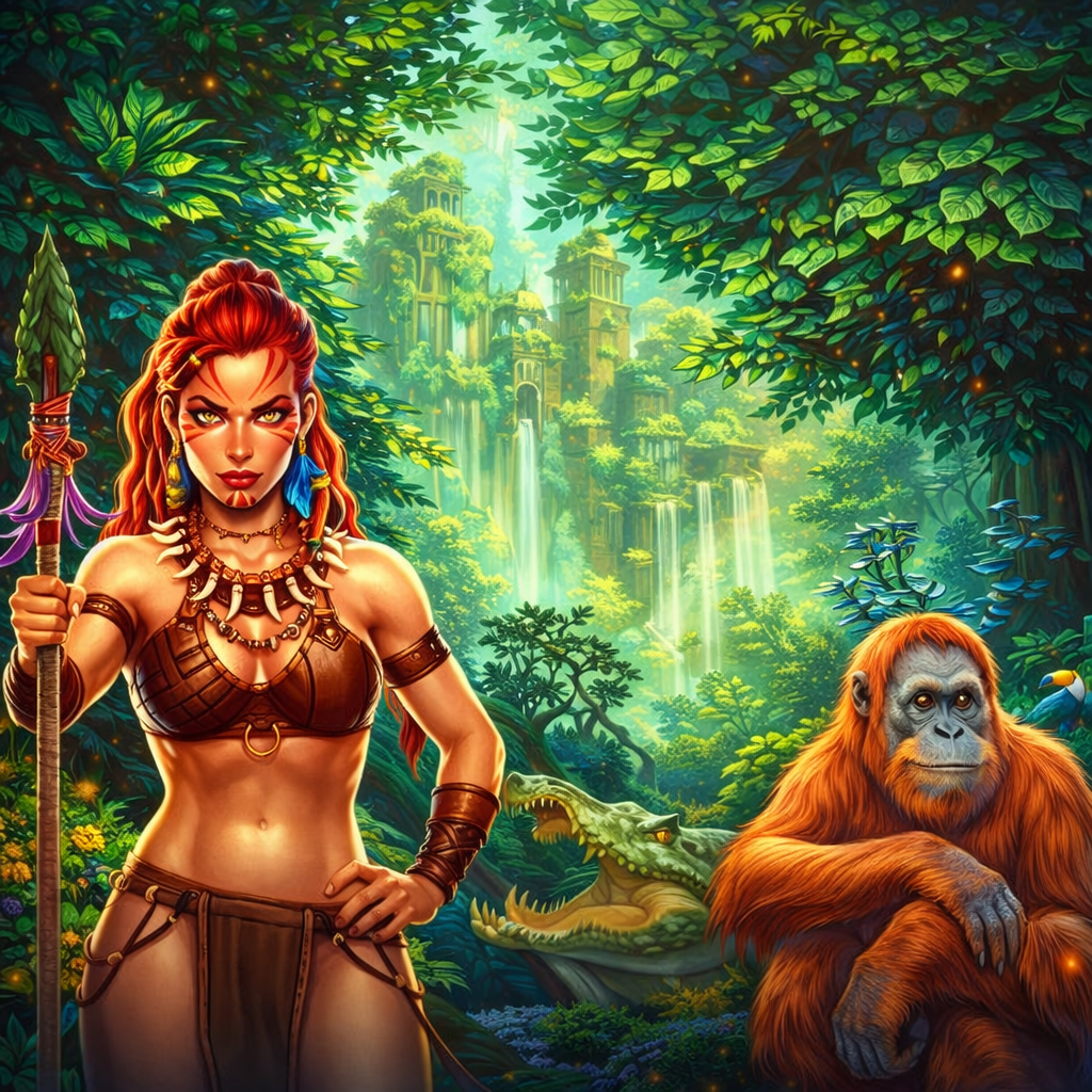 Legacy of the Tiger Mega Fire Blaze, com guerreira tribal em selva tropical, orangotango, crocodilo, ruínas antigas e cores vibrantes, destacando a temática de caça-níquel de cassino da Playtech.