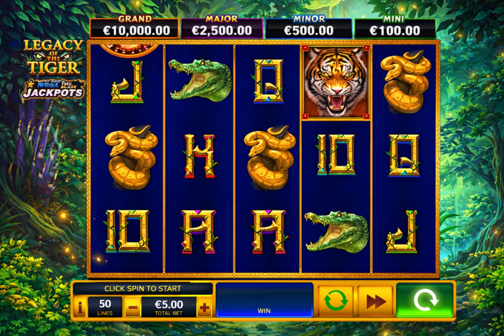 Gameplay do slot online Legacy of the Tiger Mega Fire Blaze Jackpots, com 5 rolos e símbolos de tigre, jacaré, cobra e letras douradas, exibindo jackpots Grand, Major, Minor e Mini da Playtech.