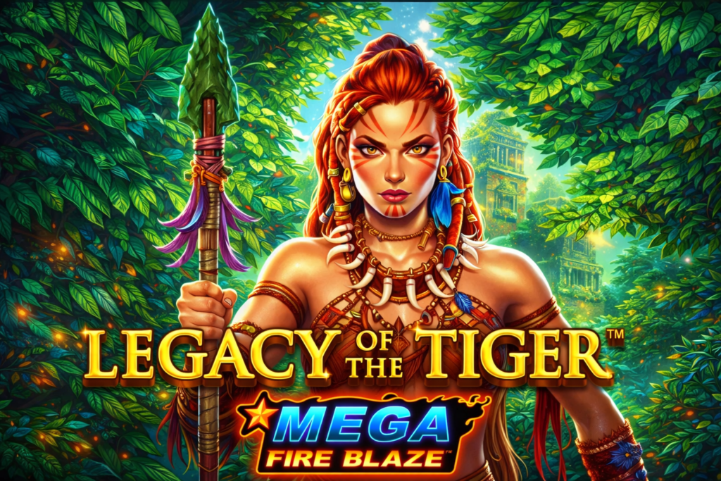 Slot online Legacy of the Tiger Mega Fire Blaze, mostrando uma guerreira tribal com lança em uma selva exuberante, cores vibrantes, detalhes realistas e atmosfera épica do jogo de cassino da Playtech.