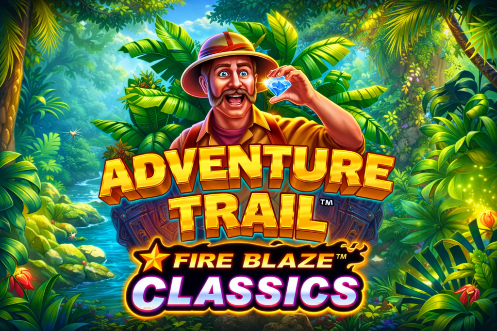 Slot Adventure Trail Fire Blaze Classics da Playtech, com explorador segurando um diamante em uma selva tropical, cores vibrantes, estilo cartoon e tema de aventura, destacando jackpot, bônus Fire Blaze e caça-níquel online.