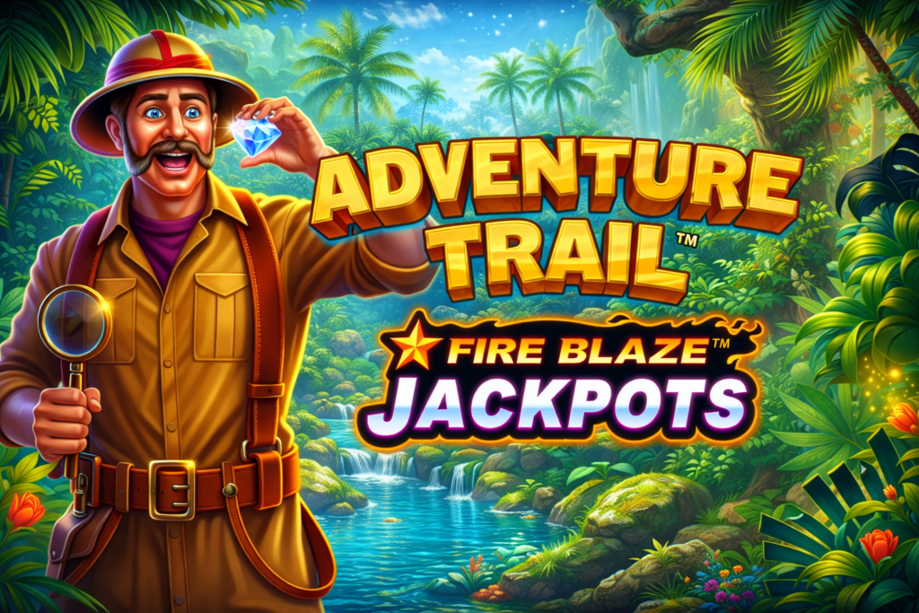 Slot Adventure Trail Fire Blaze Jackpots da Playtech, com explorador segurando um diamante em uma selva tropical, cores vibrantes, tema de aventura, jackpot Fire Blaze, bônus progressivo e caça-níquel online.