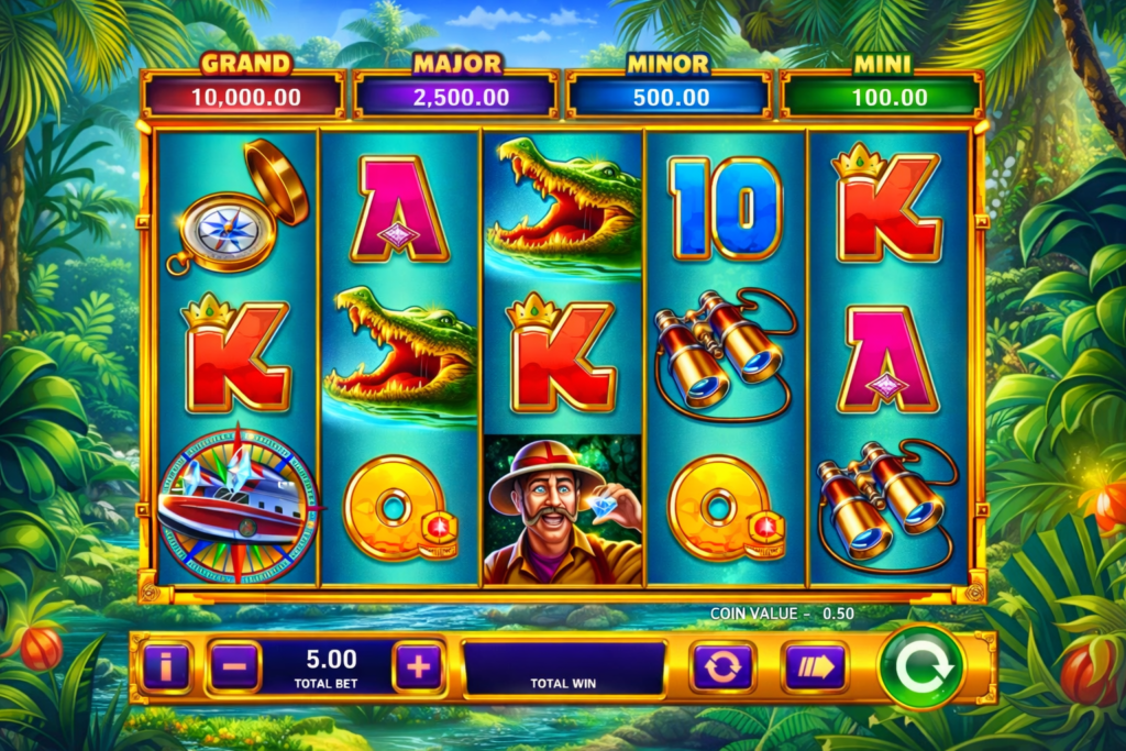 Gameplay do slot Adventure Trail Fire Blaze Jackpots da Playtech, com 5 rolos, símbolos de jacaré, explorador, bússola e binóculo, jackpots Grand, Major, Minor e Mini, ambientação de selva tropical e caça-níquel online.