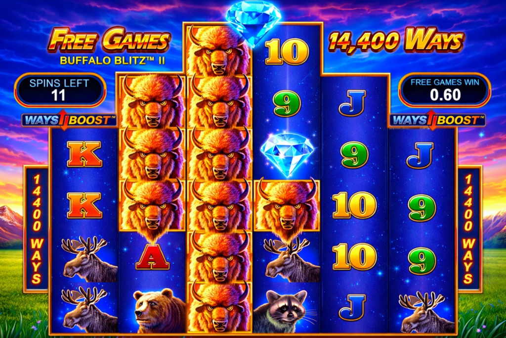  Tela do slot online Buffalo Blitz II da Playtech com símbolos wilds de búfalo em destaque, bônus de Free Games, 14.400 maneiras de ganhar e gráficos coloridos inspirados na vida selvagem da América do Norte.