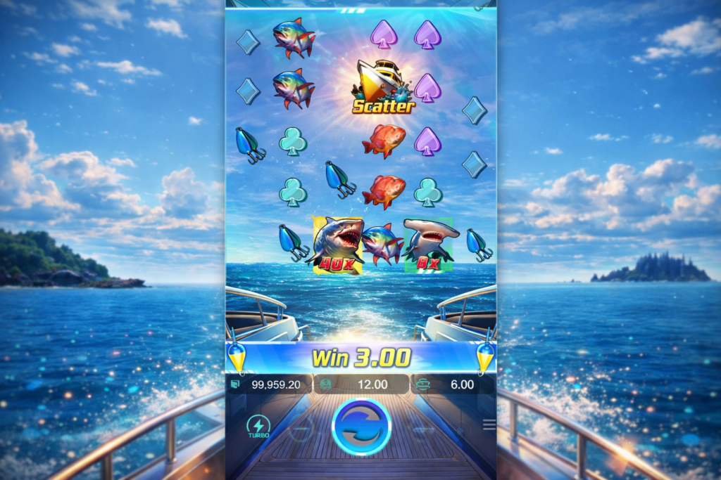 Gameplay do Shark Bounty demo slot online com símbolos de peixes, tubarões e scatter no mar.