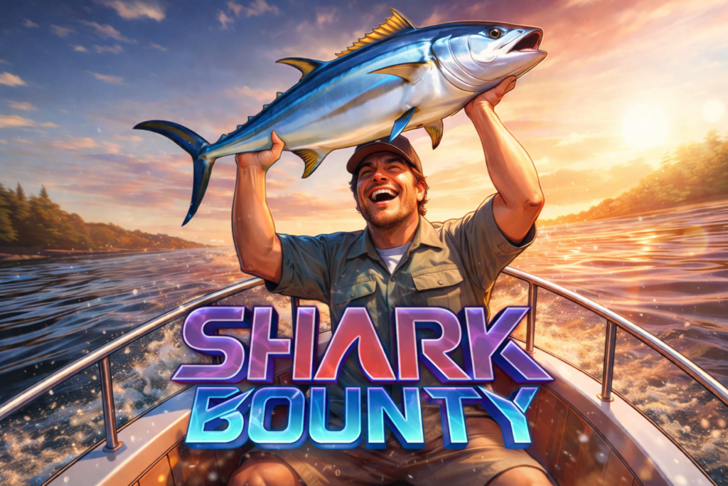 Shark Bounty slot online com pescador segurando peixe gigante no mar.