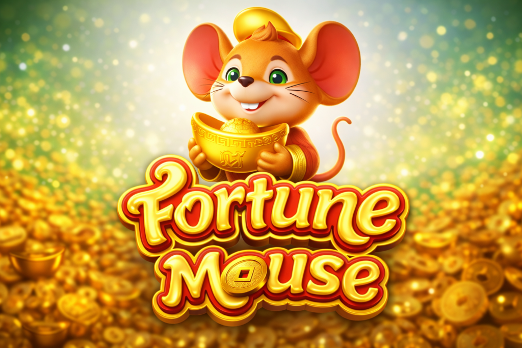 Slot Fortune Mouse com rato dourado segurando lingote de ouro, cercado por moedas, símbolo de sorte, riqueza e ganhos em cassino online.