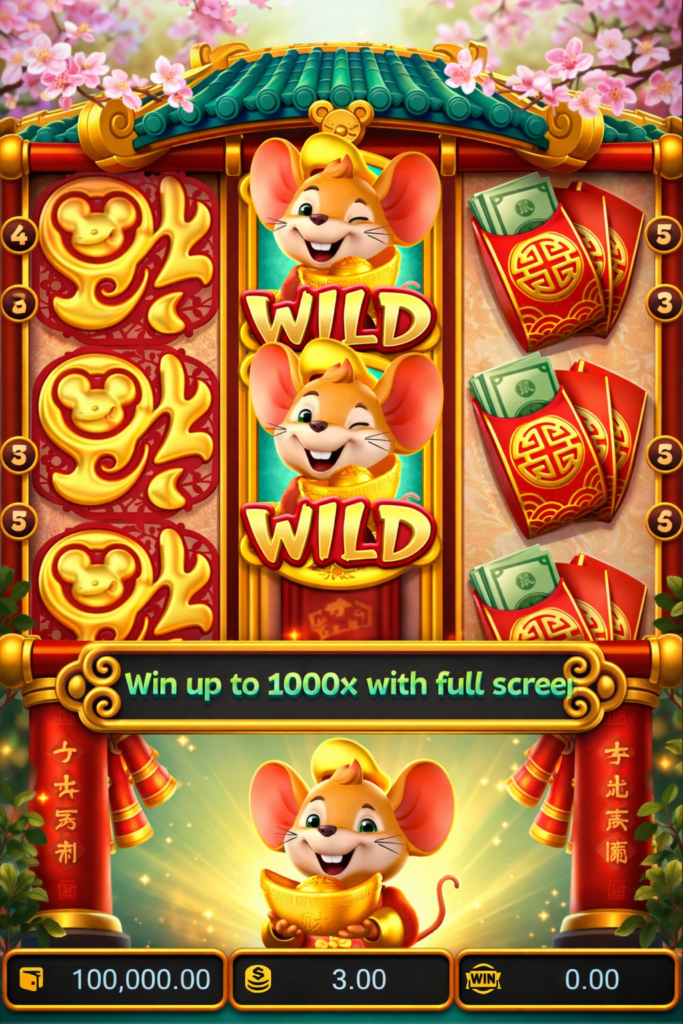 Slot Fortune Mouse demo com símbolos Wild empilhados do rato da sorte, rolos temáticos chineses, envelopes vermelhos e destaque para a feature que pode pagar até 1000x em cassino online.