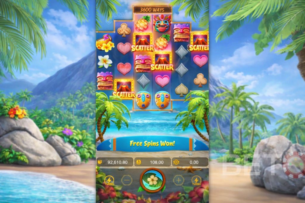 Gameplay do Hawaiian Tiki slot online com free spins, símbolos scatter e tema tropical.