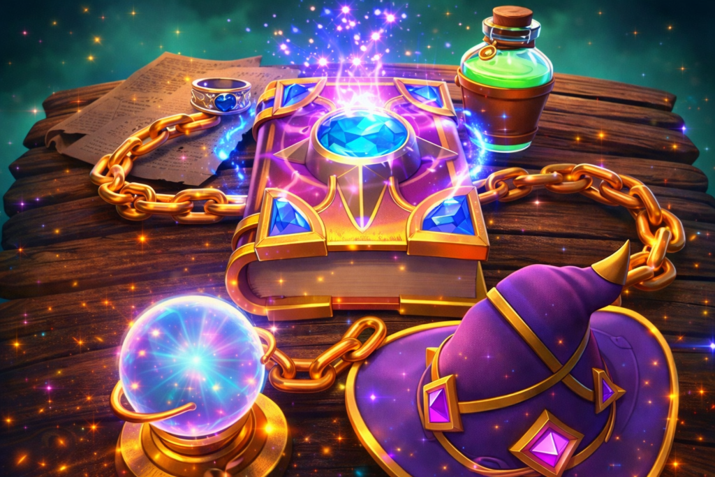 Alchemy Gold slot online com livro mágico, poções, bola de cristal, chapéu de bruxo e tema de alquimia.