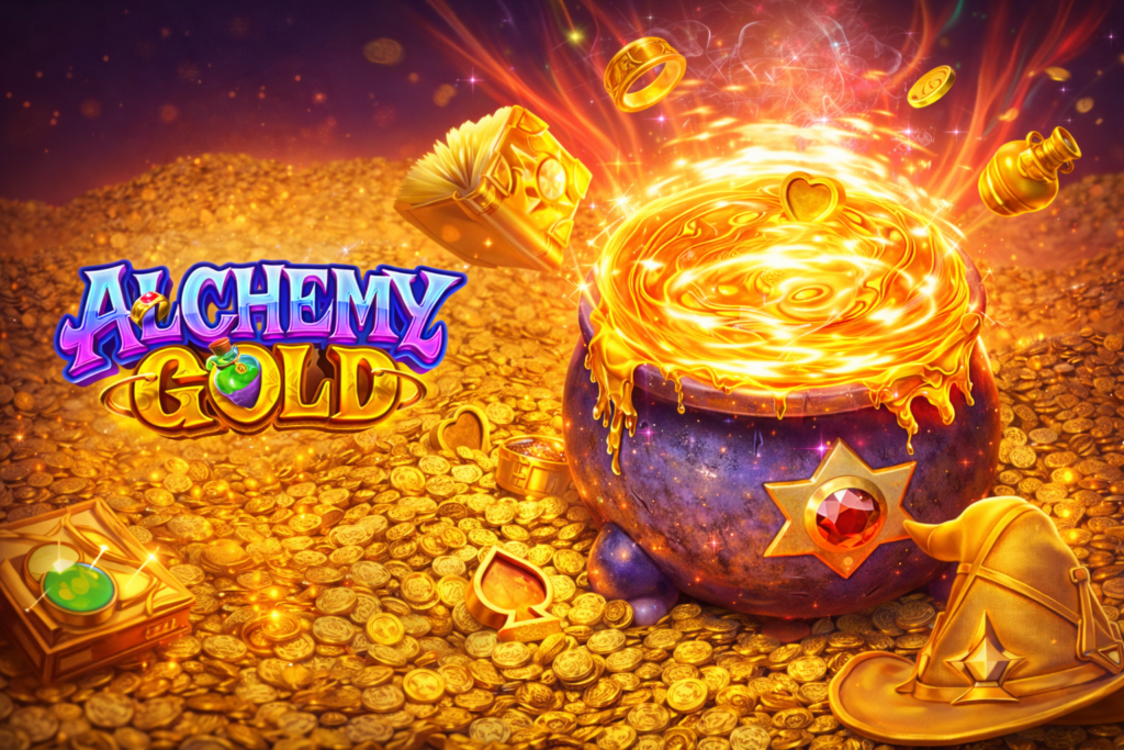 Alchemy Gold slot online com caldeirão mágico, moedas de ouro e símbolos alquímicos.