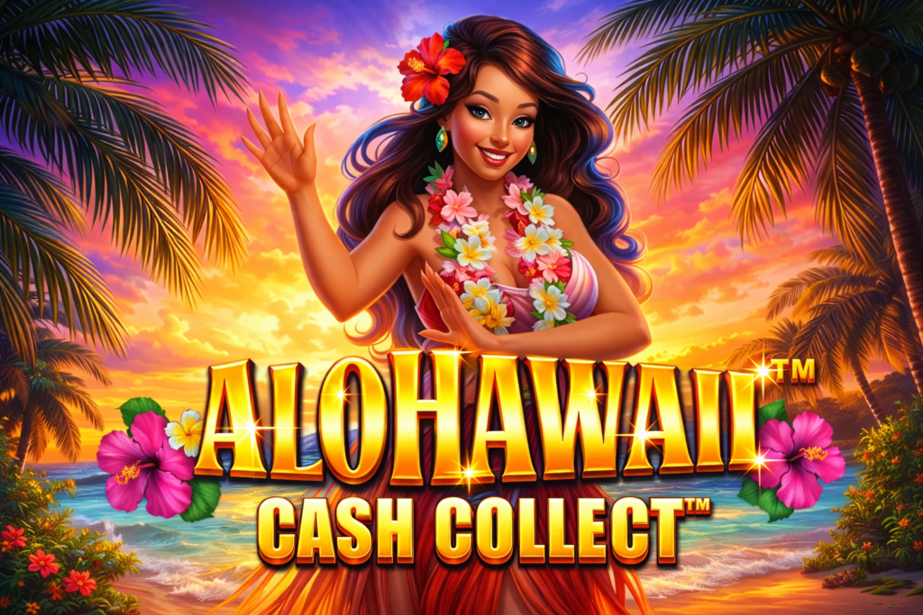 Alohawaii Cash Collect slot online da Playtech, com dançarina havaiana, flores tropicais, palmeiras e pôr do sol colorido ao fundo.