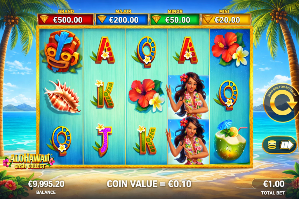 Alohawaii Cash Collect com cinco rolos, símbolos tropicais como flores, tiki, concha e dançarina havaiana, em um cenário de praia com mar azul, palmeiras e jackpots Grand, Major, Minor e Mini no topo.