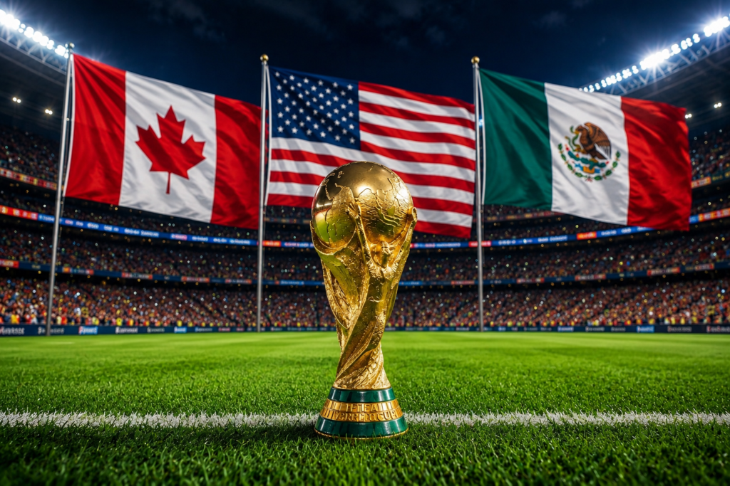Troféu da Copa do Mundo FIFA sobre campo de futebol com as bandeiras dos Estados Unidos, Canadá e México ao fundo, simbolizando a Copa do Mundo 2026.