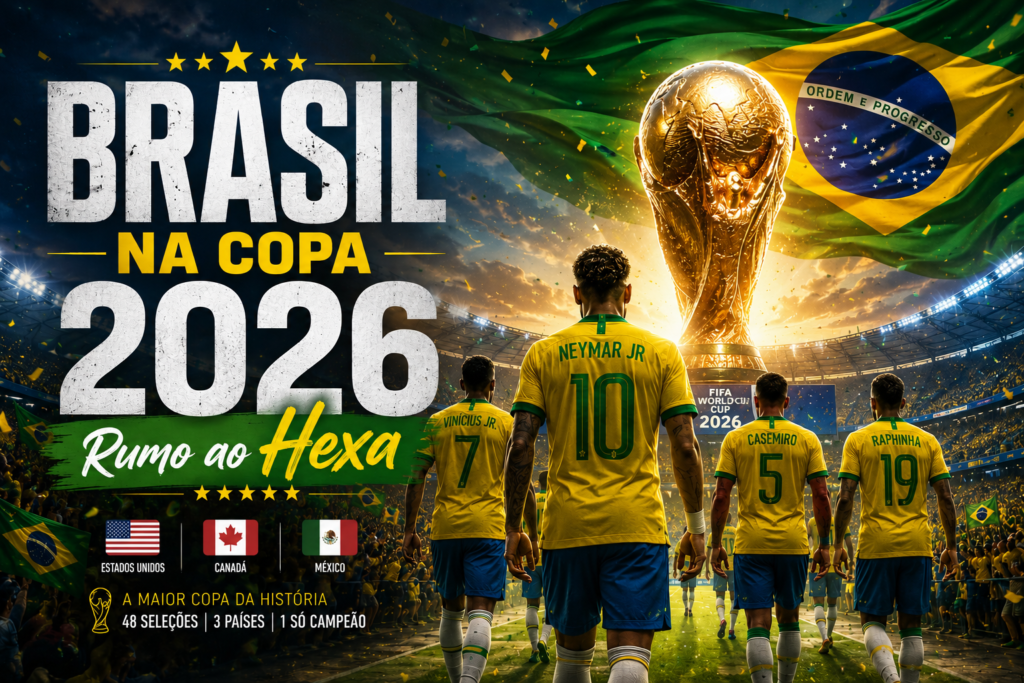 Neymar, Vinícius Júnior, Casemiro e Raphinha em arte promocional do Brasil na Copa do Mundo 2026, com o troféu da FIFA ao fundo e destaque para a busca pelo hexacampeonato.