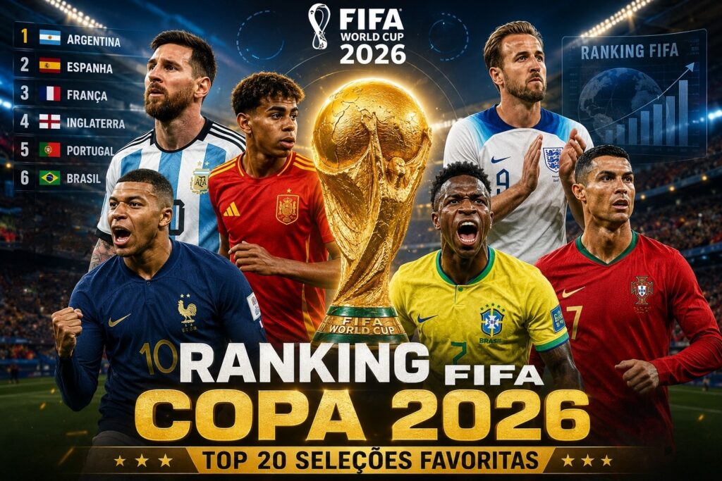 Ranking FIFA Copa do Mundo 2026 mostrando o Top 20 das seleções favoritas ao título. Argentina lidera a classificação, seguida por Espanha, França, Inglaterra, Portugal e Brasil, com a taça da FIFA ao centro em um estádio de futebol iluminado.