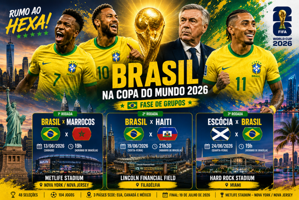 Jogos do Brasil na Copa do Mundo 2026 com calendário completo da fase de grupos, datas, horários e locais das partidas contra Marrocos, Haiti e Escócia, destacando Carlo Ancelotti, Neymar, Raphinha e Vinícius Júnior na campanha da Seleção Brasileira rumo ao hexacampeonato.