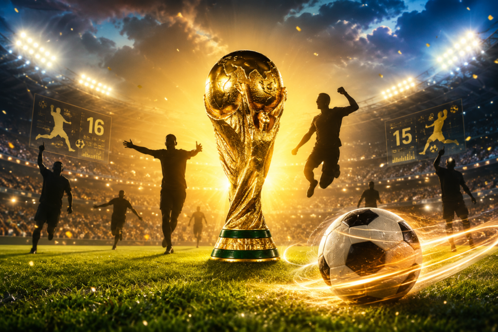 Taça da Copa do Mundo em destaque no centro de um estádio lotado, cercada por jogadores comemorando e bola de futebol em movimento, representando os maiores artilheiros da história dos Mundiais da FIFA.