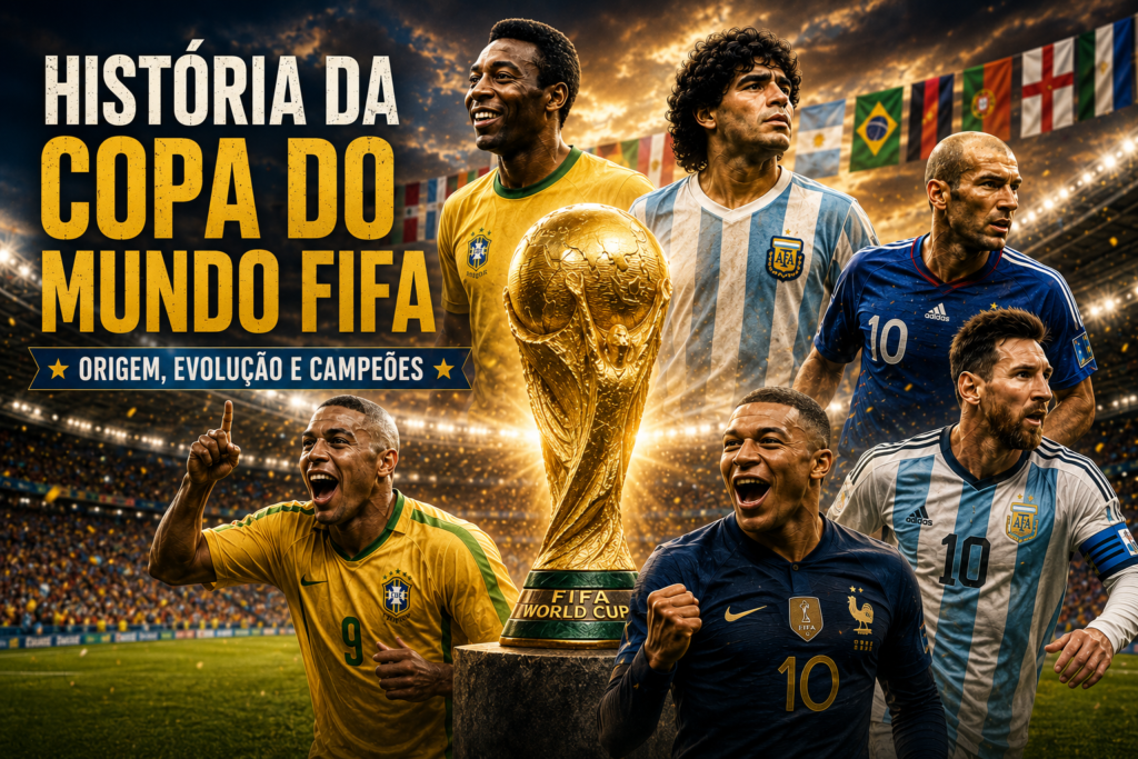 História da Copa do Mundo FIFA com taça dourada, jogadores de diferentes épocas e estádio lotado representando a evolução do principal torneio de futebol do mundo.
