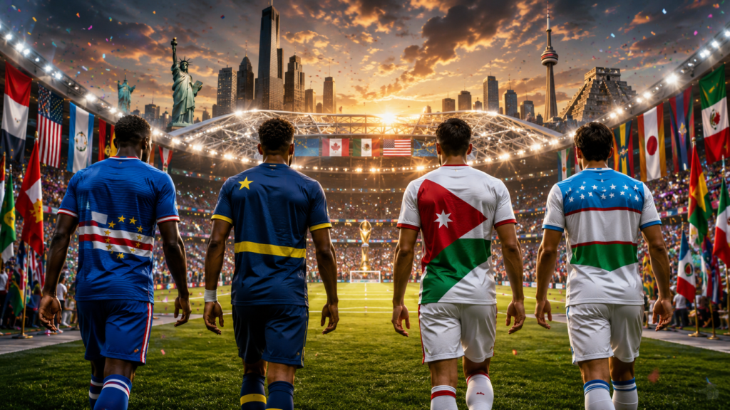 Jogadores representando Cabo Verde, Curaçau, Jordânia e Uzbequistão celebrando a classificação das seleções para a Copa do Mundo 2026.