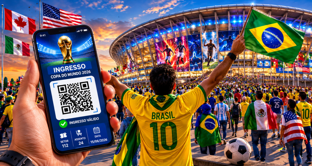 Torcedor utilizando ingresso digital da Copa do Mundo 2026 no celular para entrar em estádio lotado durante o maior torneio de futebol do mundo nos Estados Unidos, Canadá e México.