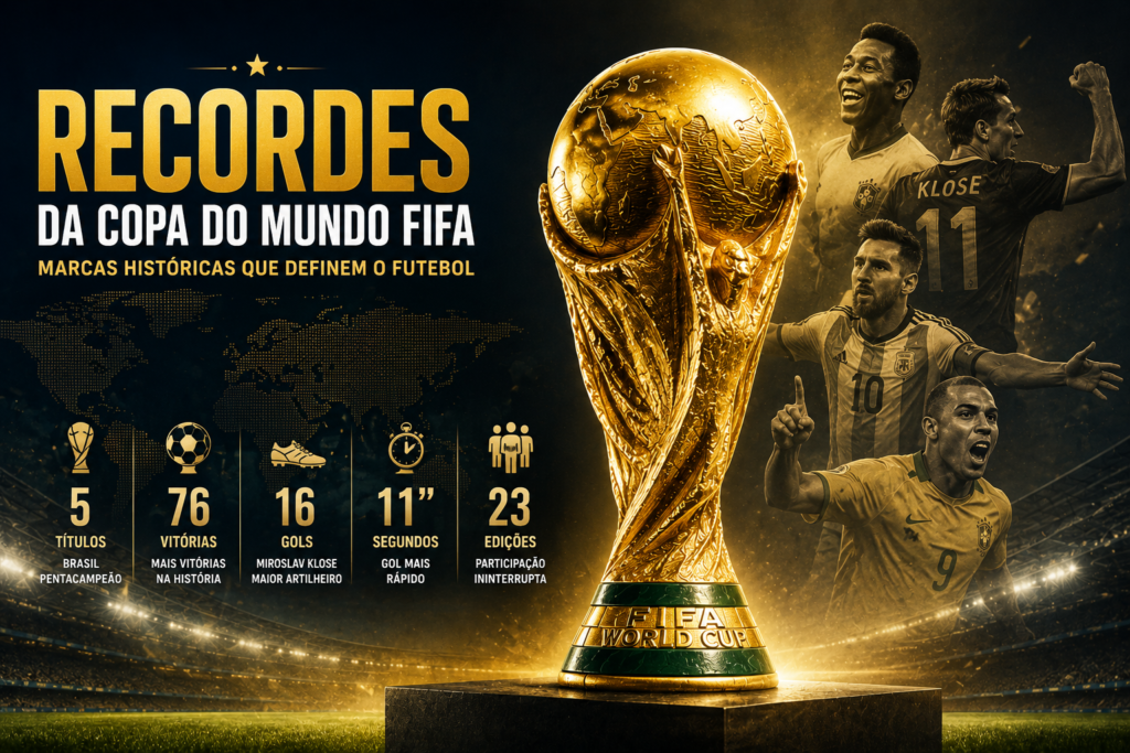 Recordes da Copa do Mundo FIFA com o troféu oficial, Pelé, Ronaldo, Messi e Miroslav Klose representando títulos, artilharias e marcas históricas do futebol mundial.