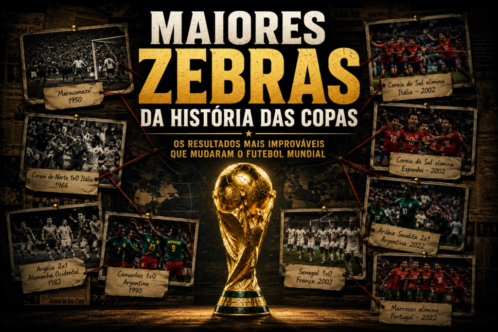 Troféu da Copa do Mundo cercado por momentos históricos das maiores zebras da história das Copas do Mundo FIFA.