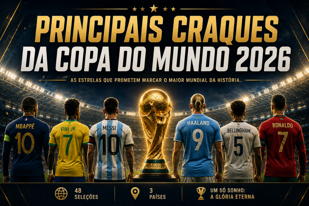 Principais craques da Copa do Mundo 2026 reunidos diante do troféu do Mundial em estádio iluminado, representando as maiores estrelas do futebol internacional.