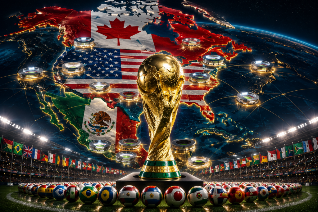 Troféu da Copa do Mundo 2026 com mapa dos Estados Unidos, Canadá e México ao fundo, representando o novo formato do Mundial com 48 seleções.