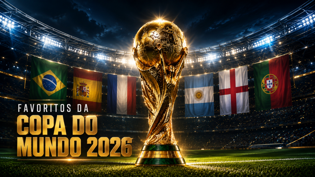 Troféu da Copa do Mundo em destaque no centro de um estádio iluminado, cercado pelas bandeiras de Brasil, Espanha, França, Argentina, Inglaterra e Portugal, representando as seleções favoritas ao título da Copa do Mundo 2026.