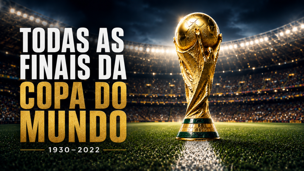 Troféu da Copa do Mundo em destaque sobre a linha central de um estádio iluminado durante uma final, com arquibancadas lotadas ao fundo e o título “Todas as Finais da Copa do Mundo 1930–2022”, representando a história dos campeões e decisões do Mundial FIFA.