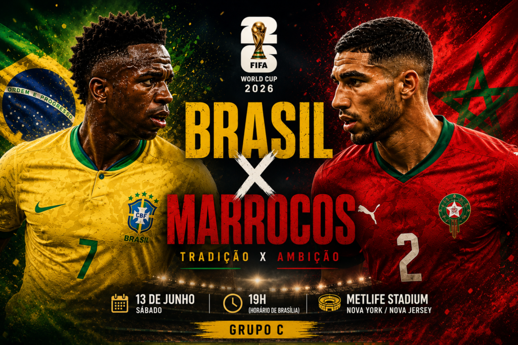 Brasil x Marrocos na Copa do Mundo 2026, jogadores em destaque com bandeiras das seleções ao fundo e clima de decisão no Grupo C.