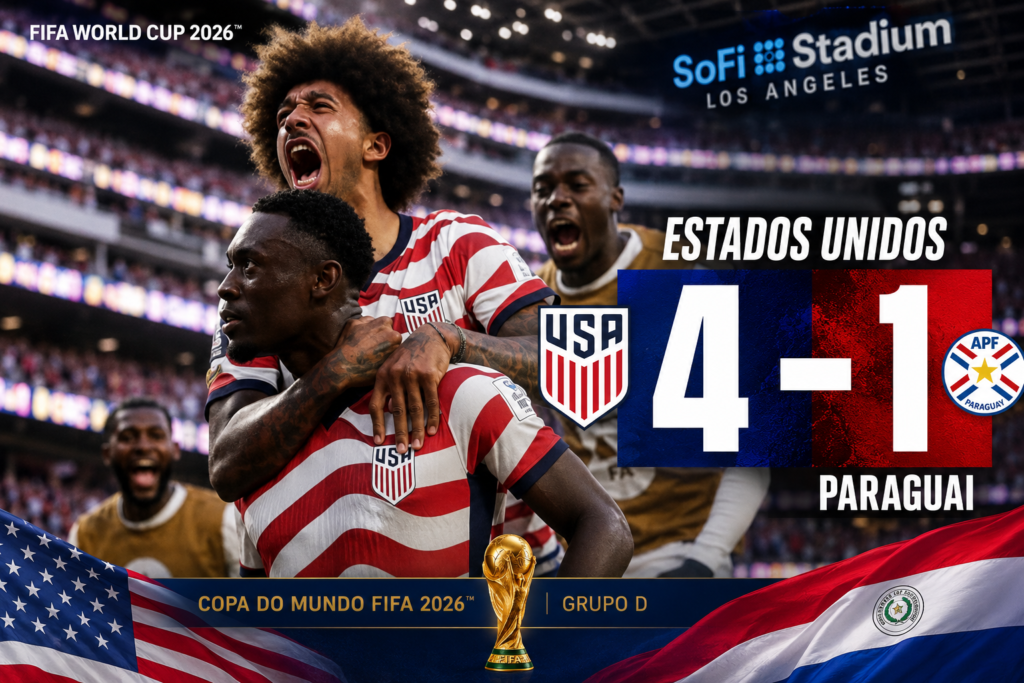 Estados Unidos 4 x 1 Paraguai pela Copa do Mundo FIFA 2026, com jogadores americanos comemorando a goleada no SoFi Stadium, em Los Angeles, em partida válida pelo Grupo D do Mundial.