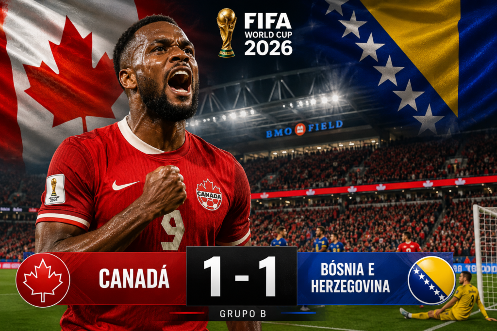 Cyle Larin comemora após marcar o gol de empate do Canadá contra a Bósnia e Herzegovina na Copa do Mundo FIFA 2026, em Toronto.