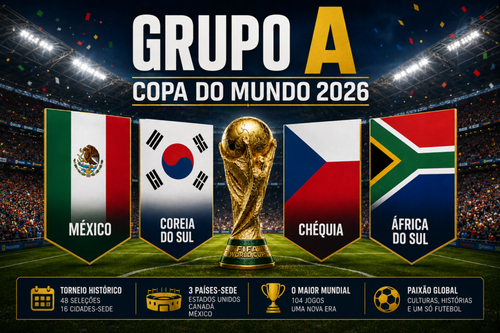 Grupo A da Copa do Mundo 2026 com as bandeiras de México, Coreia do Sul, Chéquia e África do Sul ao redor do troféu do Mundial em estádio lotado, ilustrando a disputa pela classificação às oitavas de final do torneio.